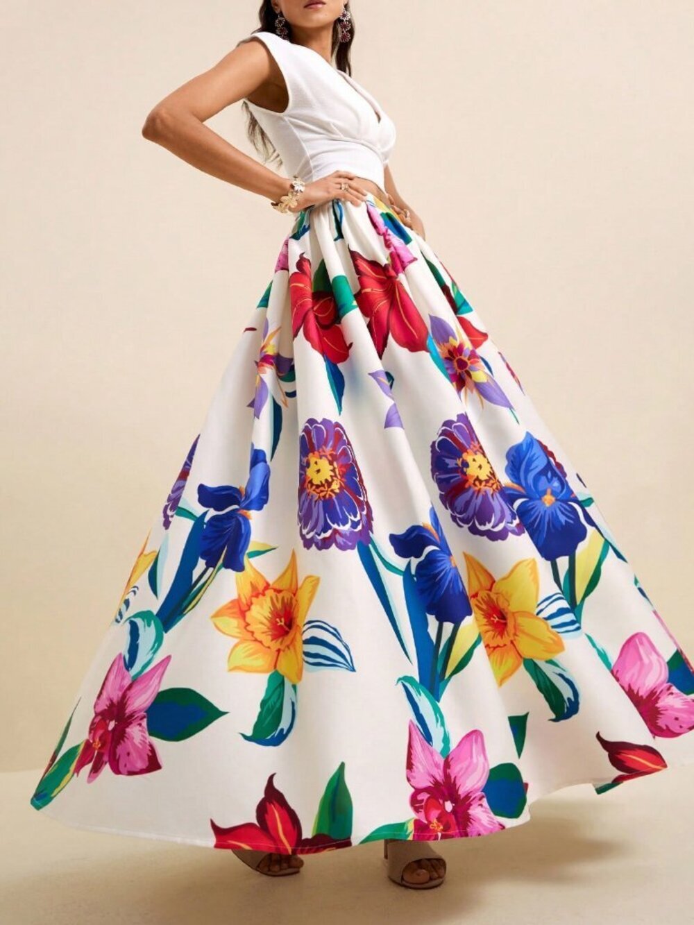 White Boho Women's Large Floral Print Flared Skirt